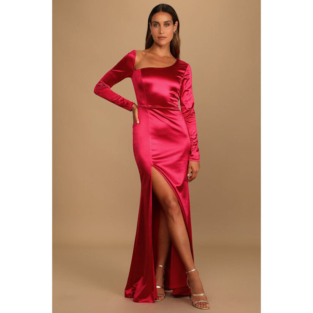 Lulus Off To The Ball Red Satin Long Sleeve Maxi Dress - Size M